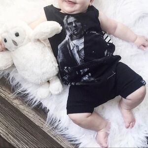 𝅺KURT COBAIN UPCYCLED T-shirt made into baby Shortie Romper size 6-12m